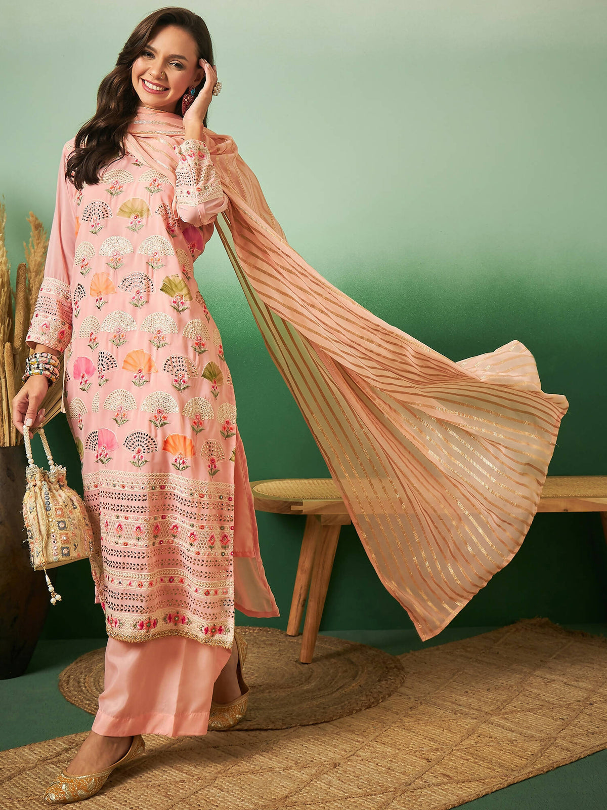 Peach Georgette Handwork Unstitched Dress Material - Hanika | Grocsy