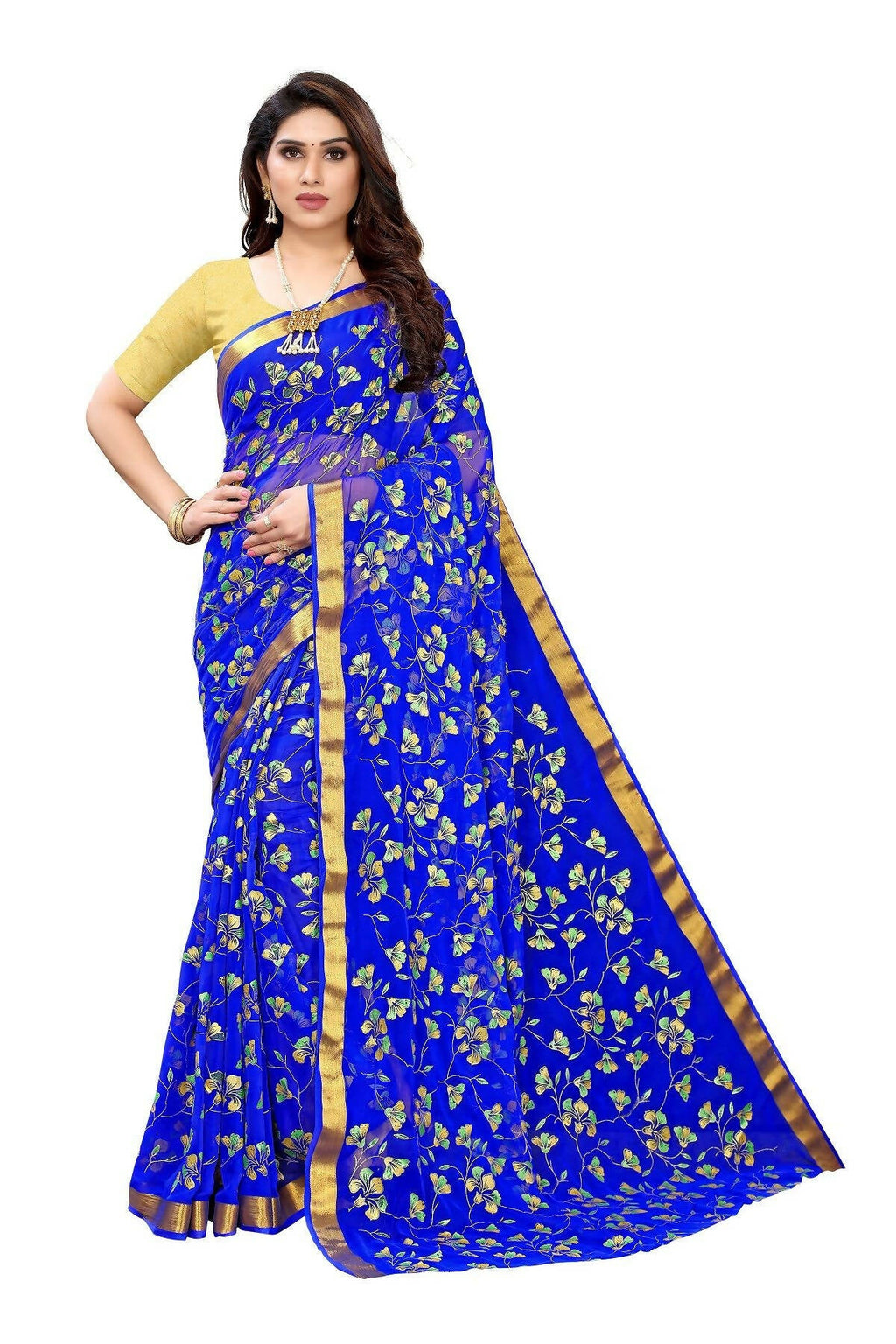 Vamika Blue Printed Chiffon Saree (UJALA BLUE) | Grocsy