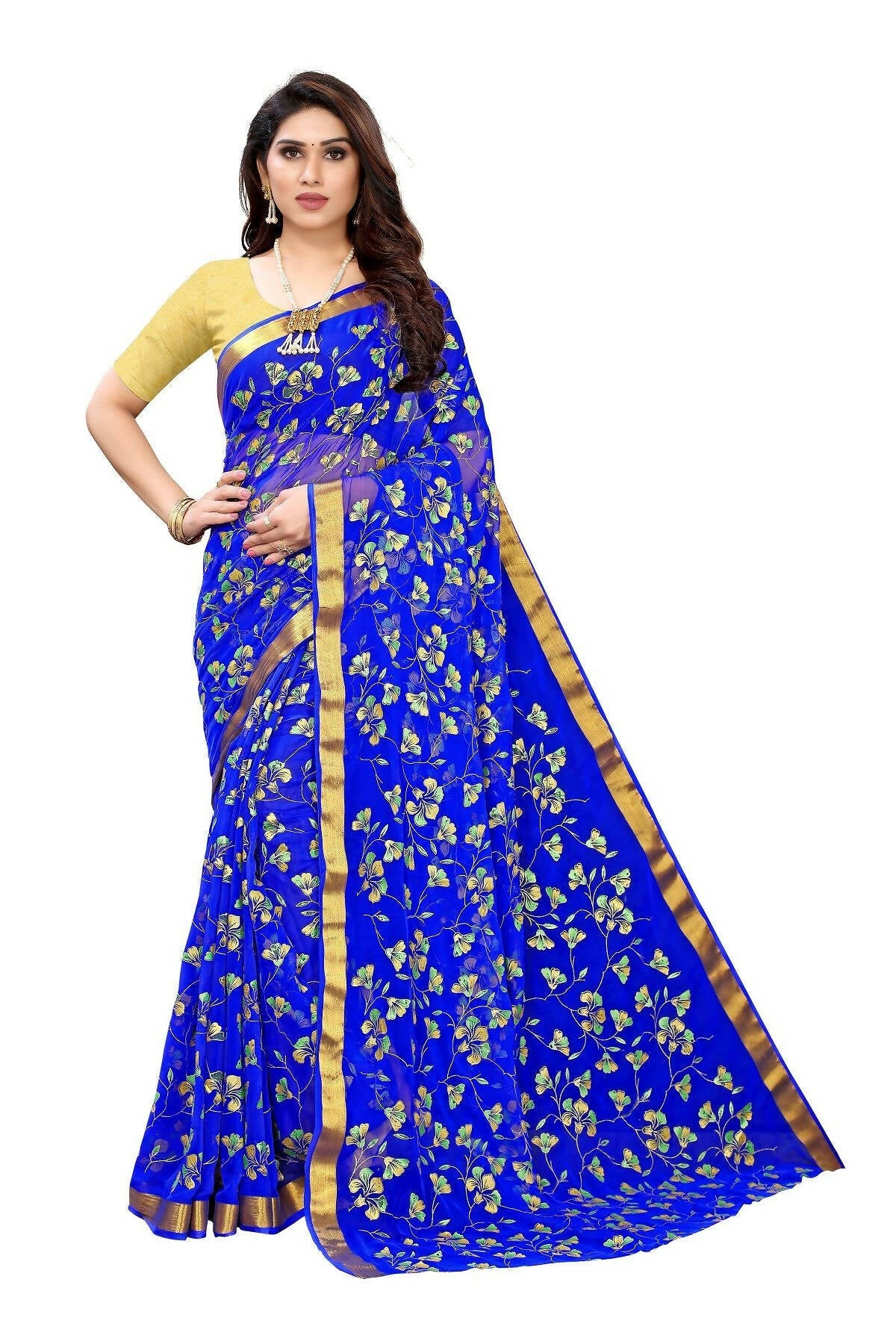 Vamika Blue Printed Chiffon Saree (UJALA BLUE) | Grocsy