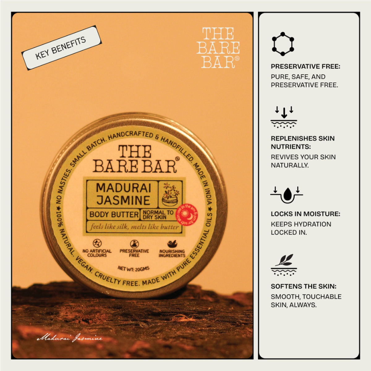 The Bare Bar Madurai Jasmine Body Butter - Floral Moisturizer For Smooth, Radiant Skin | Grocsy