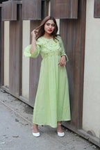 Jompers Women Green & Golden Yoke Design A-Line Kurta | Grocsy