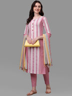 HERE&NOW Pink & White Striped Pure Cotton Kurta With Trousers & Dupatta | Grocsy