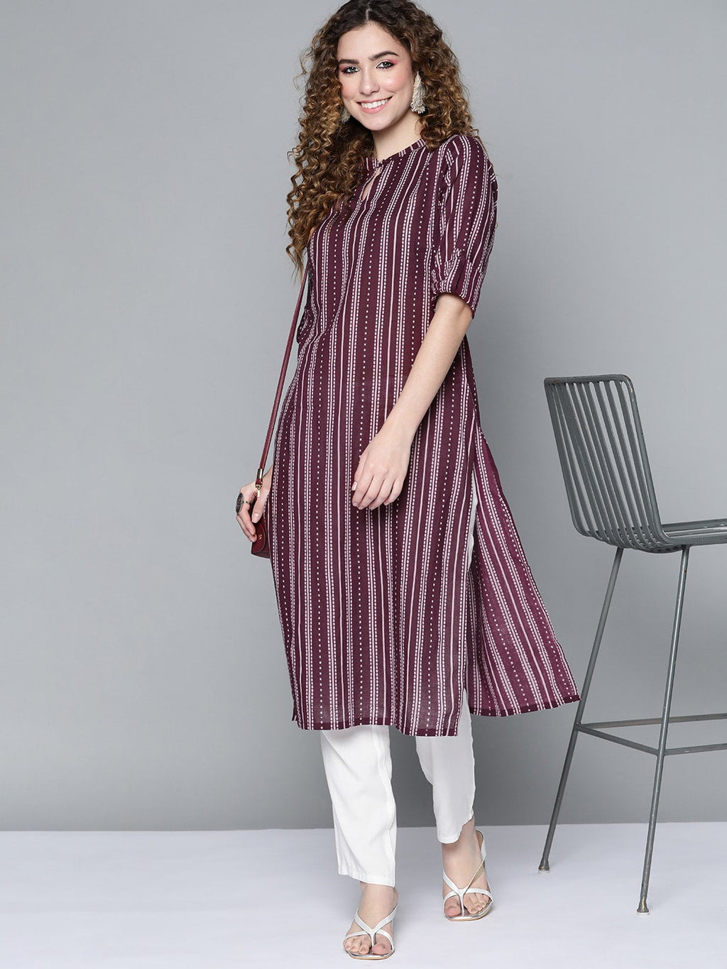 HERE&NOW Women Burgundy & White Printed Kurta | Grocsy