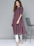 HERE&NOW Women Burgundy & White Printed Kurta | Grocsy