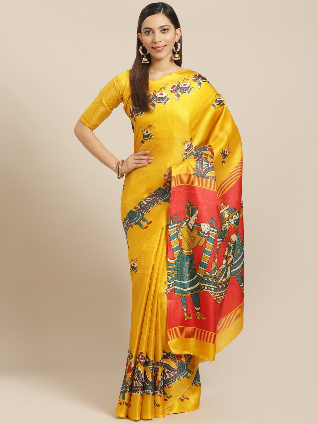 Saree Mall Mustard Yellow & Blue Printed Saree | Grocsy