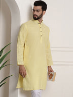 Sojanya Men Yellow Dobby Self-Checked Straight Kurta | Grocsy