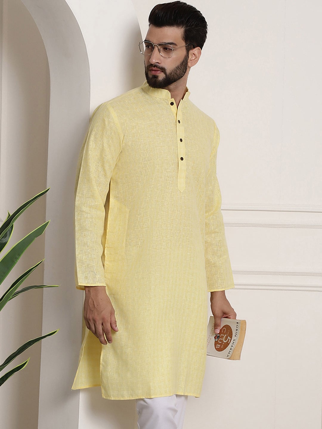 Sojanya Men Yellow Dobby Self-Checked Straight Kurta | Grocsy