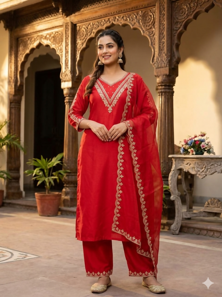 Teeya Creation New Womens Red Straight Cut Kurta Set with Scalloped Embroidered Organza Dupatta Set | Grocsy