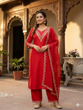 Teeya Creation New Womens Red Straight Cut Kurta Set with Scalloped Embroidered Organza Dupatta Set | Grocsy