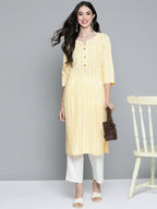 HERE&NOW Women Yellow & Off-White Printed Regular Kurta with Palazzos | Grocsy