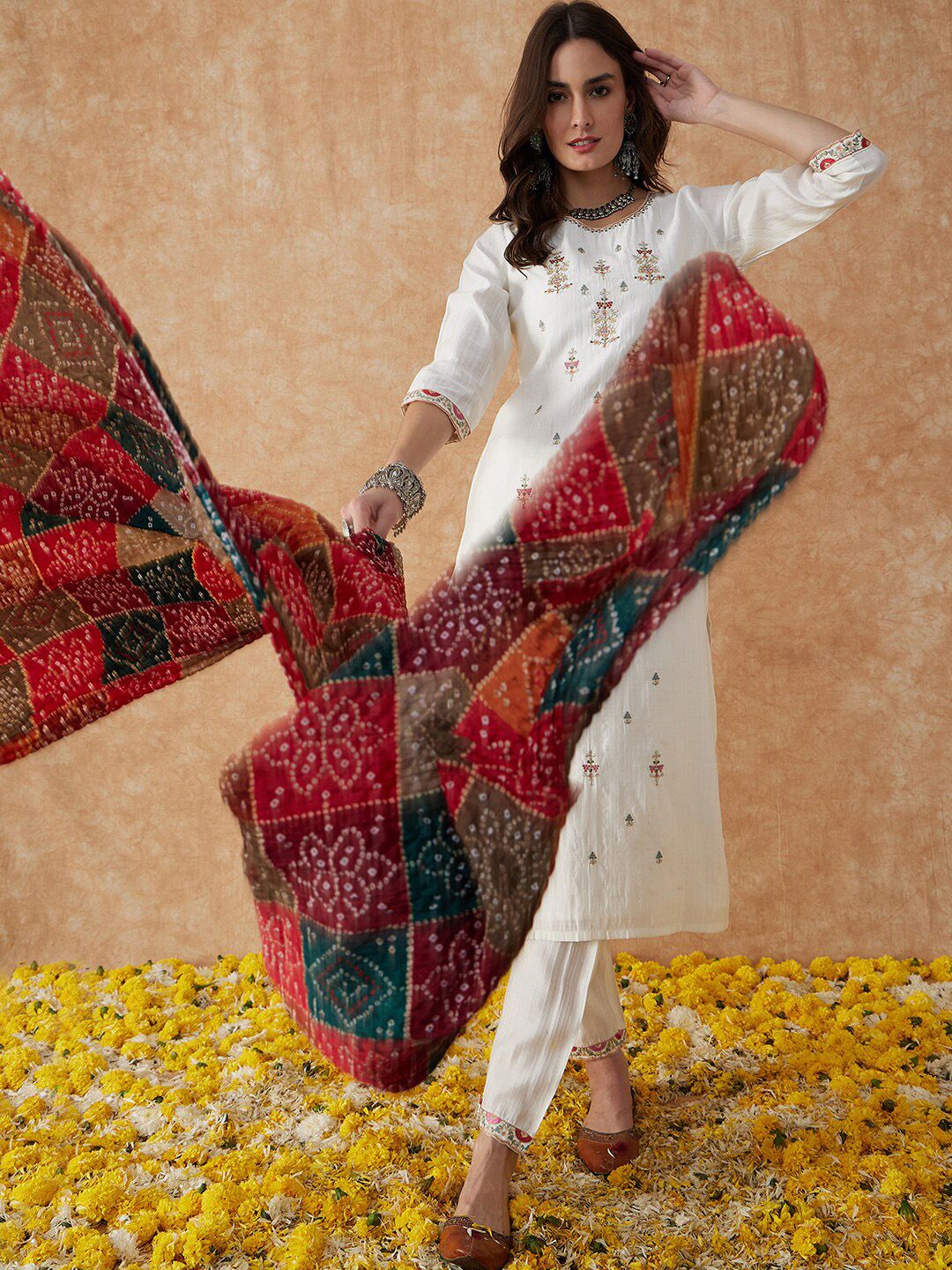 Sangria White Ethnic Motifs Embroidered Thread Work Straight Kurta & Trouser With Dupatta | Grocsy