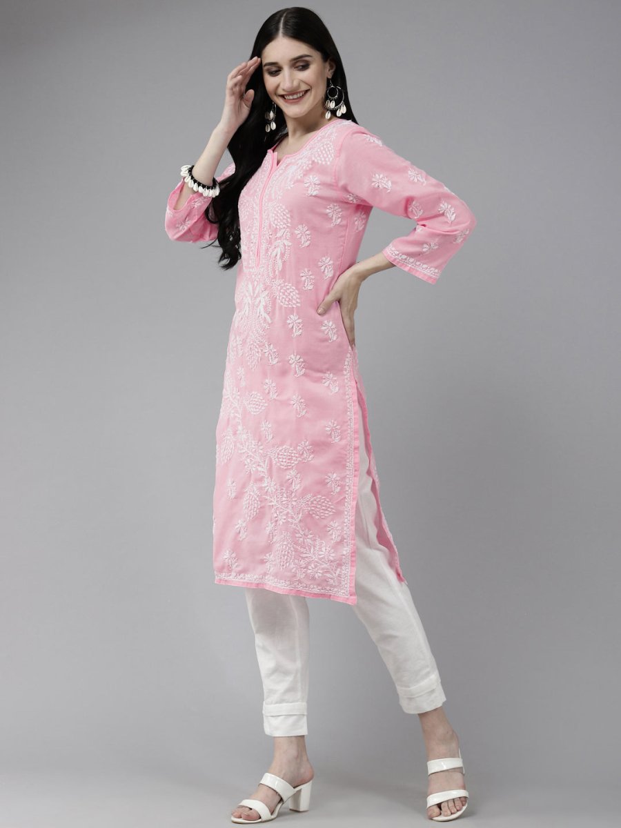 ADA Women Pink & White Ethnic Motifs Embroidered Chikankari Cotton Kurta | Grocsy