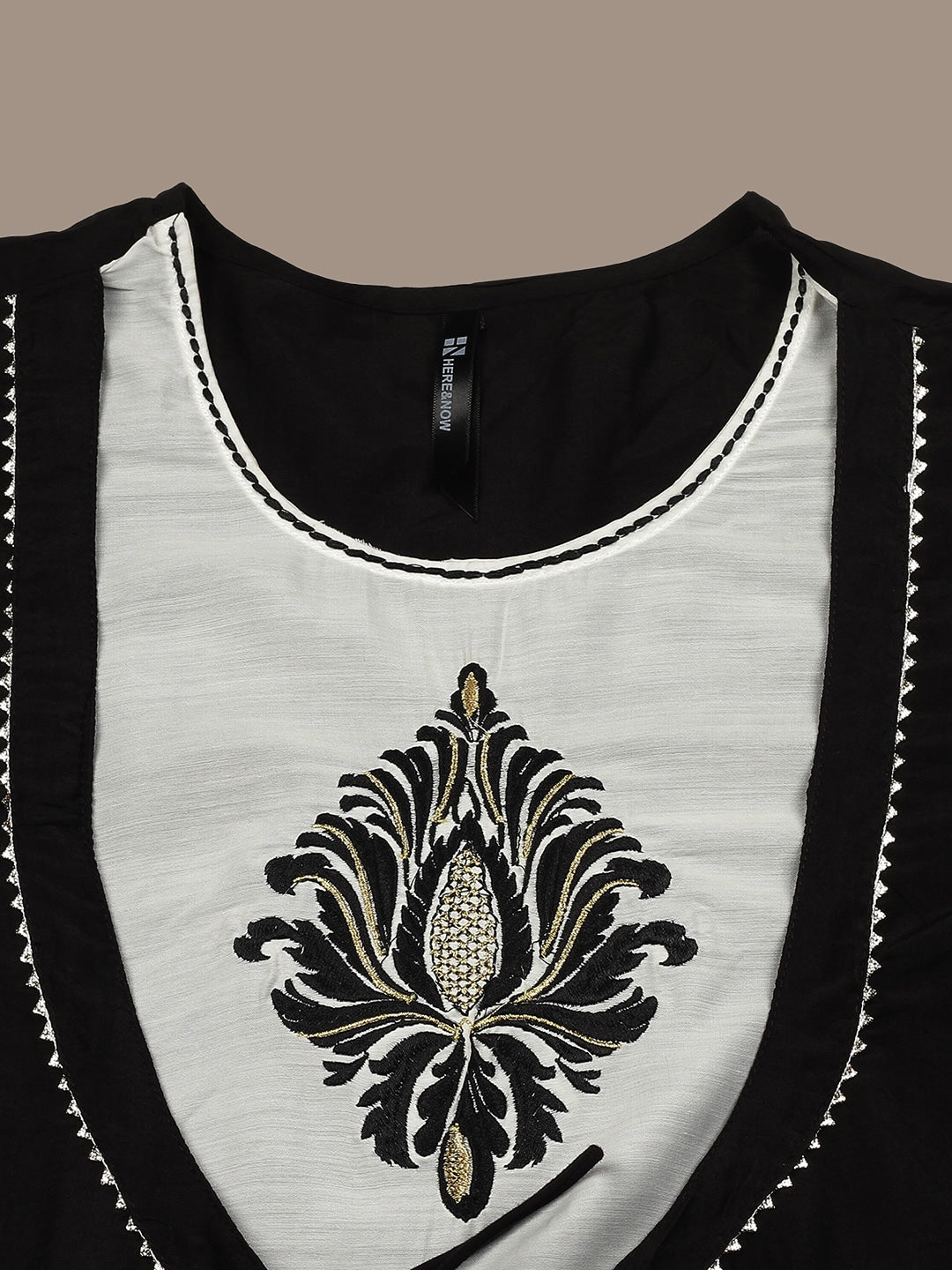 HERE&NOW Ethnic Motifs Embroidered Layered A-Line Cotton Kurta | Grocsy