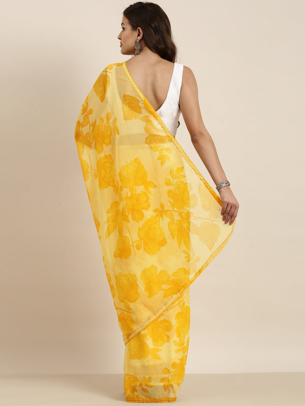 Sangria Yellow Floral Pure Chiffon Saree | Grocsy