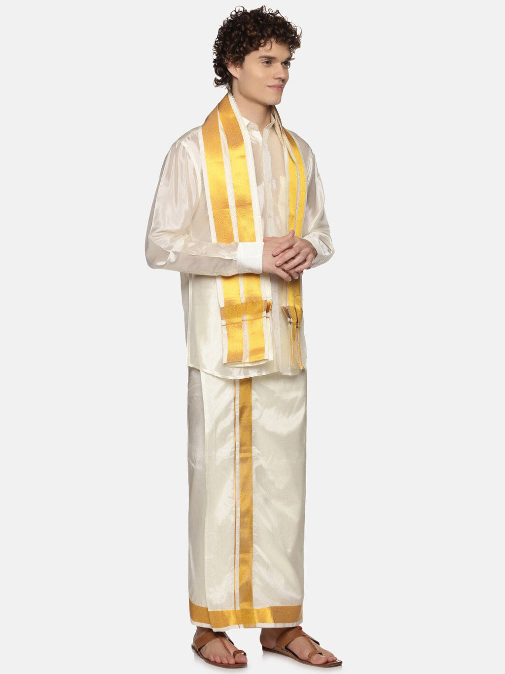 Sethukrishna Men Cream Solid With Angavastram | Grocsy