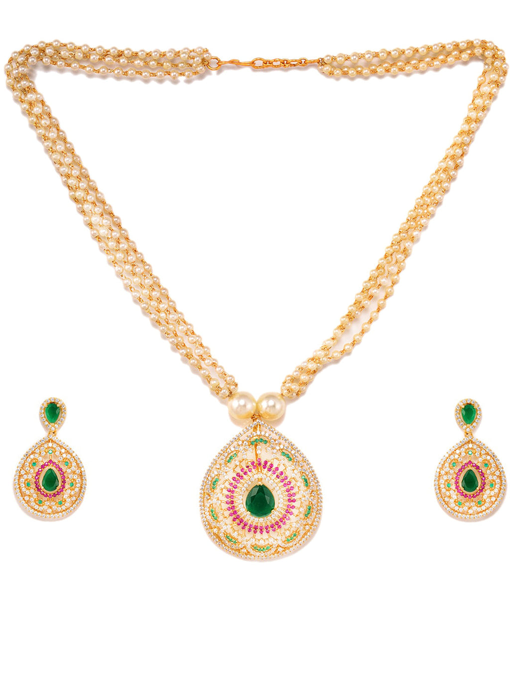 Saraf RS Jewellery Women Gold-Polished Multi Coloured AD Studded Pearl Mala & Earrings Set | Grocsy