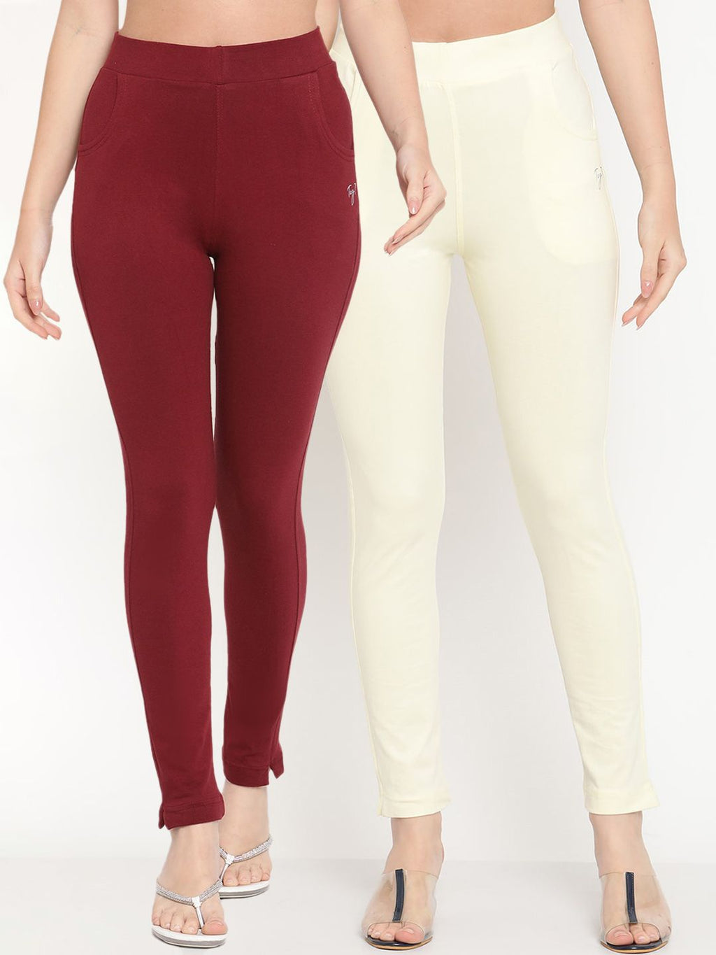 TAG 7 Pack of 2 Cream-Coloured & Maroon Ankle-Length Leggings | Grocsy