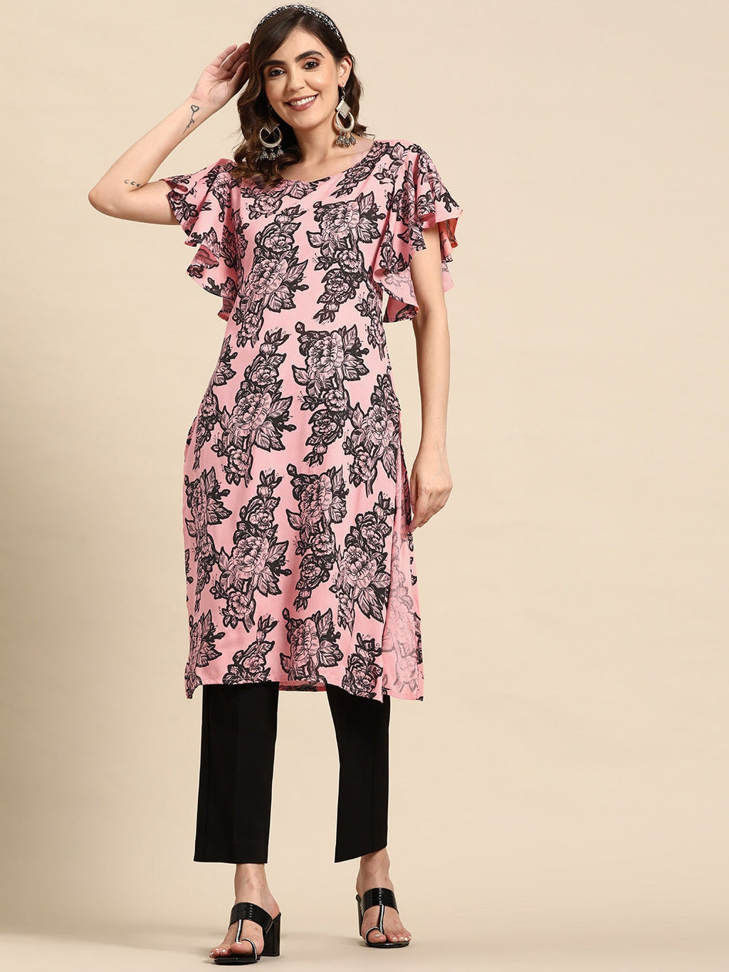 Sangria Floral Print Flutter Sleeves Kurta | Grocsy
