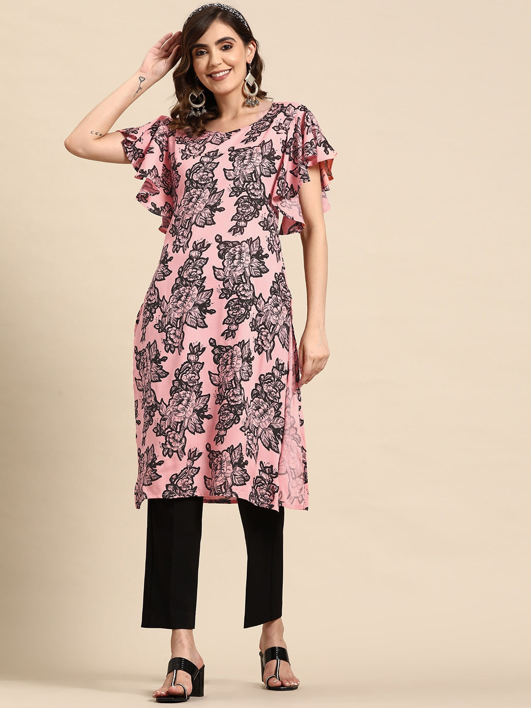Sangria Floral Print Flutter Sleeves Kurta | Grocsy