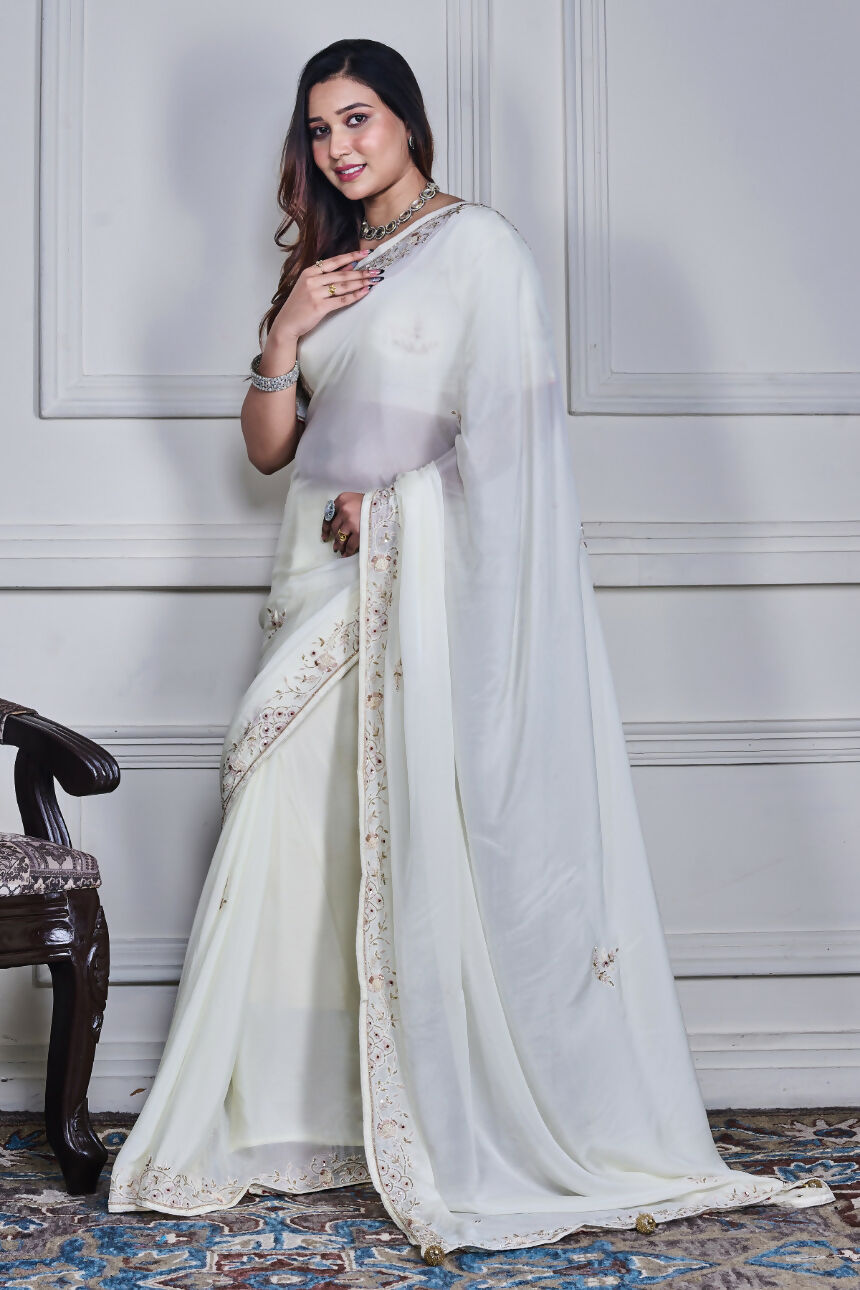 Morchari Off White Chiffon Hand Embroidery Saree Stitched Blouse | Grocsy