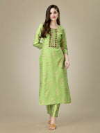 Jyoti Fashion Women's Light Green Rayon Embroidered Kurta Pant Set | Grocsy