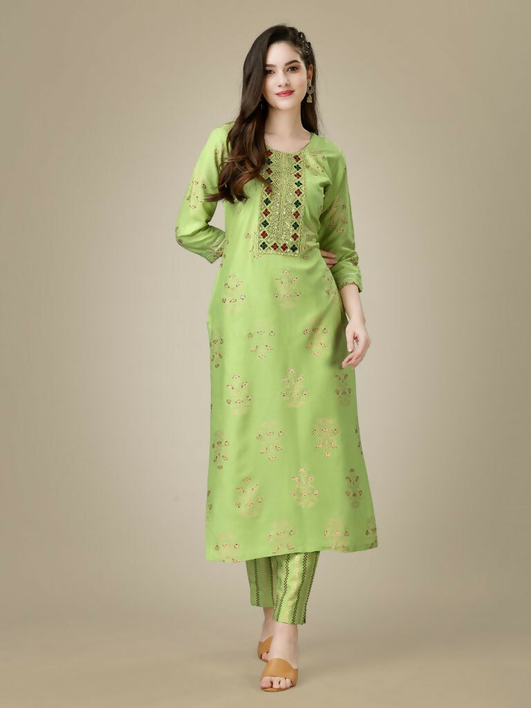 Jyoti Fashion Women's Light Green Rayon Embroidered Kurta Pant Set | Grocsy
