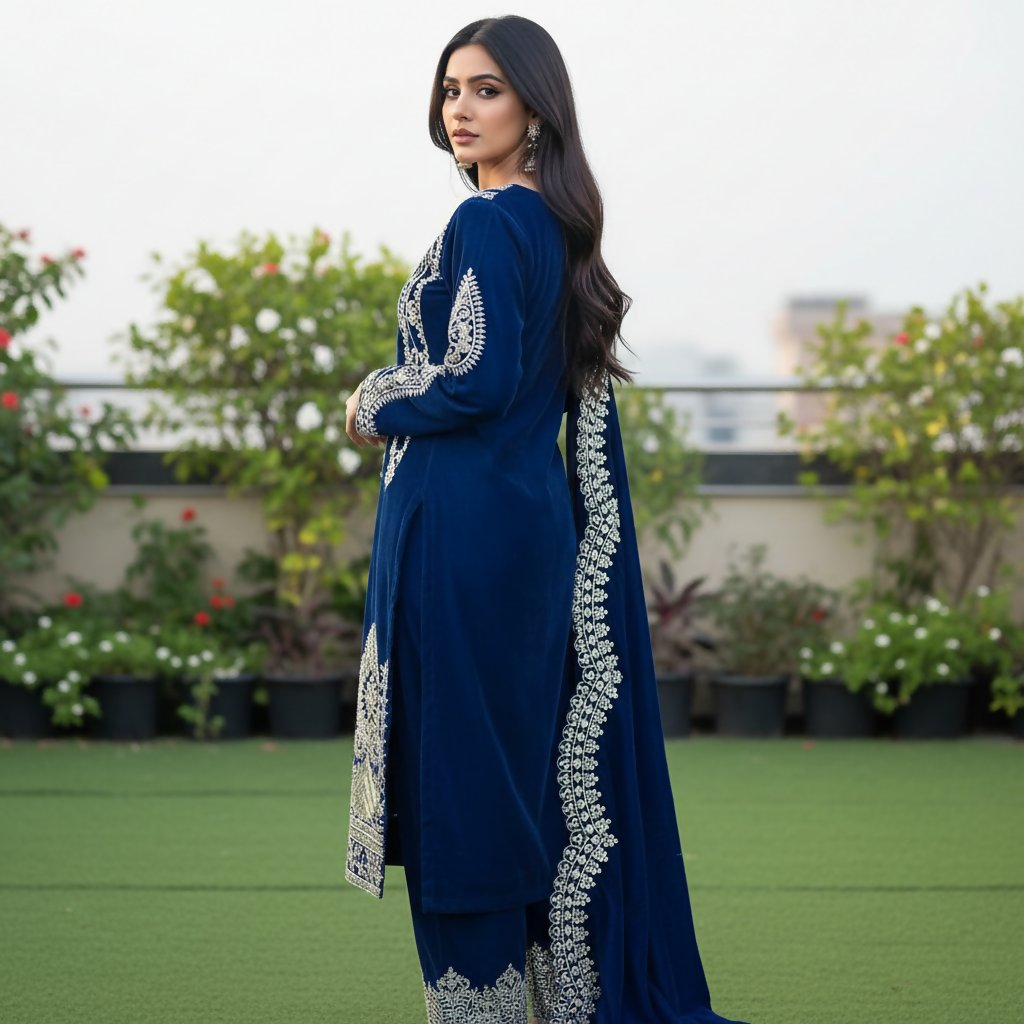 Teeya Creation Blue Color Velvet Designer Embroidery Work party Wear Suit | Grocsy