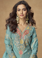 Vegaa Fashion Sky Blue Simar Silk Embroidered Designer Palazzo Suit | Grocsy