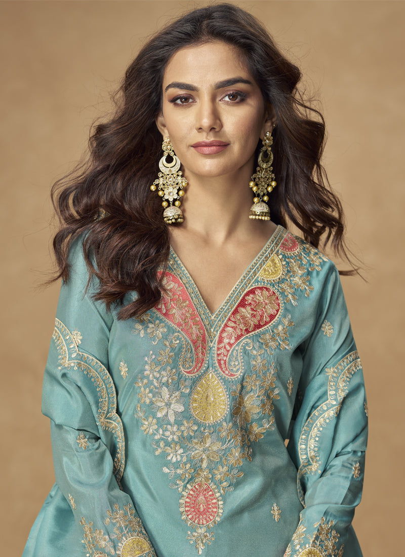 Vegaa Fashion Sky Blue Simar Silk Embroidered Designer Palazzo Suit | Grocsy