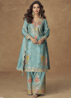 Vegaa Fashion Sky Blue Simar Silk Embroidered Designer Palazzo Suit | Grocsy