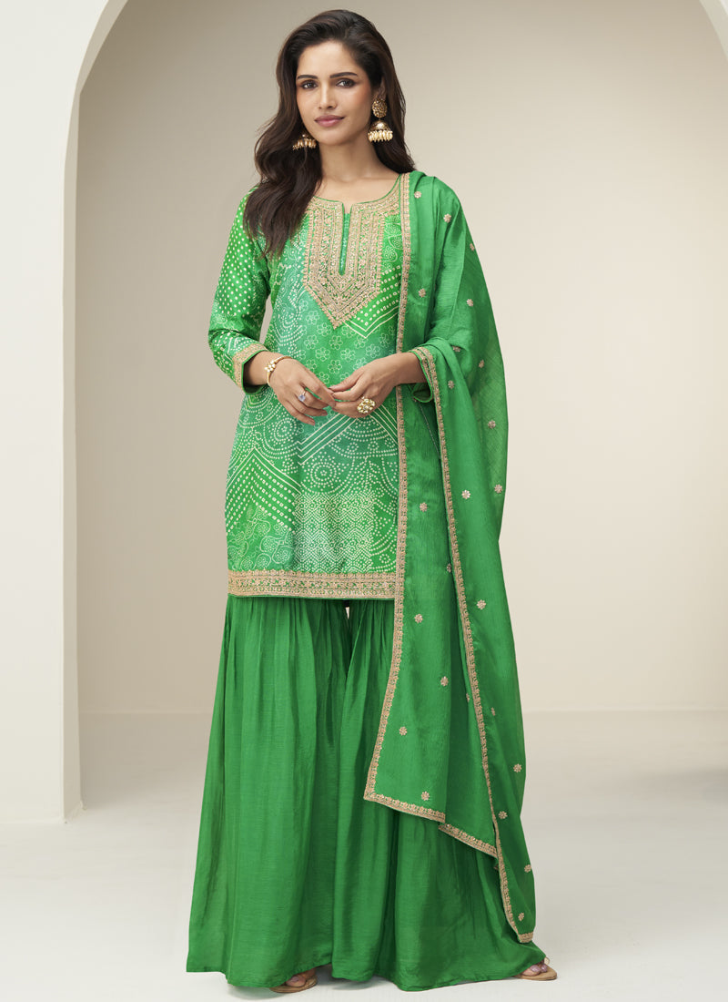 Vegaa Fashion Green Chinon Silk Embroidered Designer Sharara Suit | Grocsy