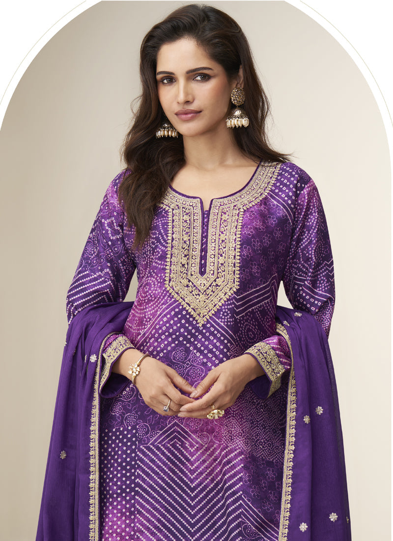 Vegaa Fashion Violet Chinon Silk Embroidered Designer Sharara Suit | Grocsy