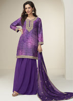Vegaa Fashion Violet Chinon Silk Embroidered Designer Sharara Suit | Grocsy