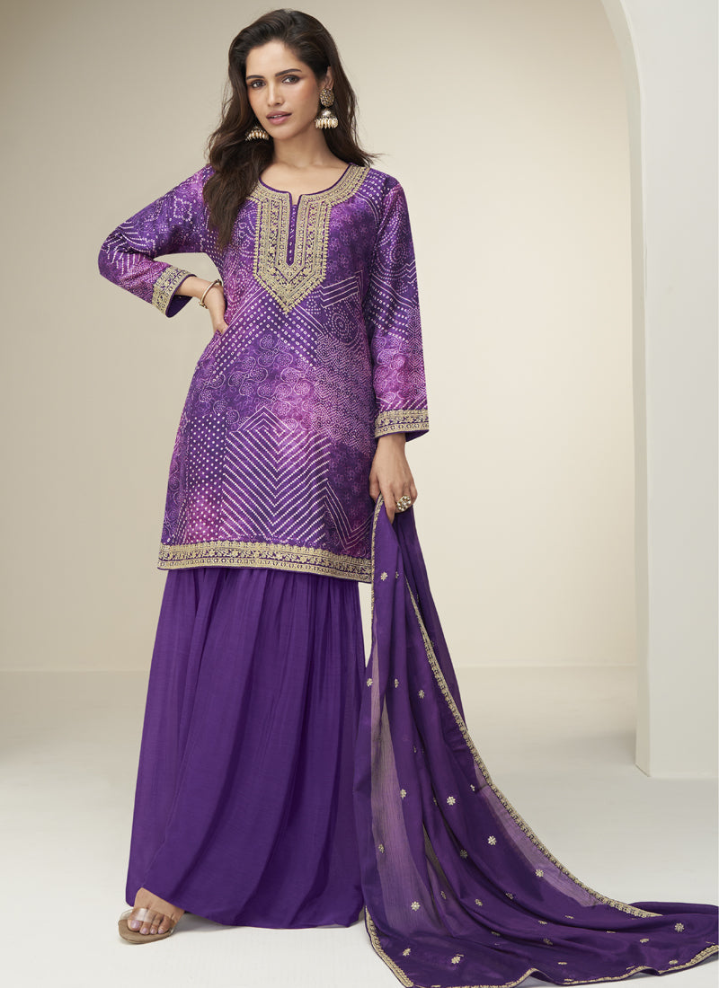 Vegaa Fashion Violet Chinon Silk Embroidered Designer Sharara Suit | Grocsy