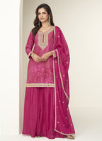 Vegaa Fashion Pink Chinon Silk Embroidered Designer Sharara Suit | Grocsy
