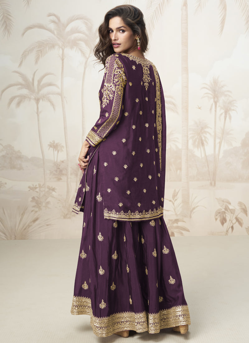 Vegaa Fashion Wine Chinon Silk Embroidered Sharara Suit | Grocsy