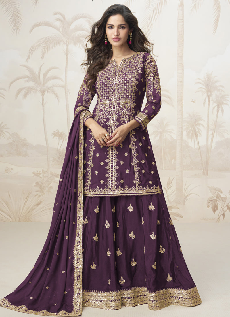 Vegaa Fashion Wine Chinon Silk Embroidered Sharara Suit | Grocsy