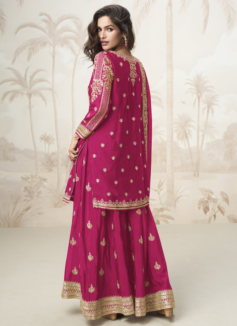 Vegaa Fashion Pink Chinon Silk Embroidered Sharara Suit | Grocsy