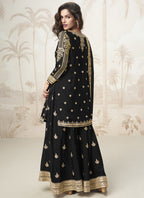Vegaa Fashion Black Chinon Silk Embroidered Sharara Suit | Grocsy