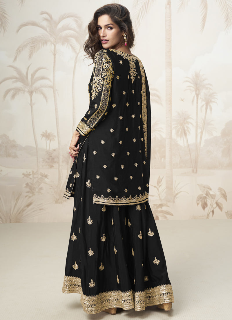 Vegaa Fashion Black Chinon Silk Embroidered Sharara Suit | Grocsy