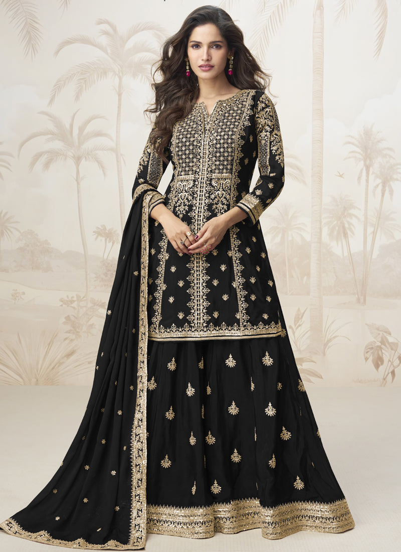 Vegaa Fashion Black Chinon Silk Embroidered Sharara Suit | Grocsy
