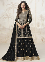 Vegaa Fashion Black Chinon Silk Embroidered Sharara Suit | Grocsy