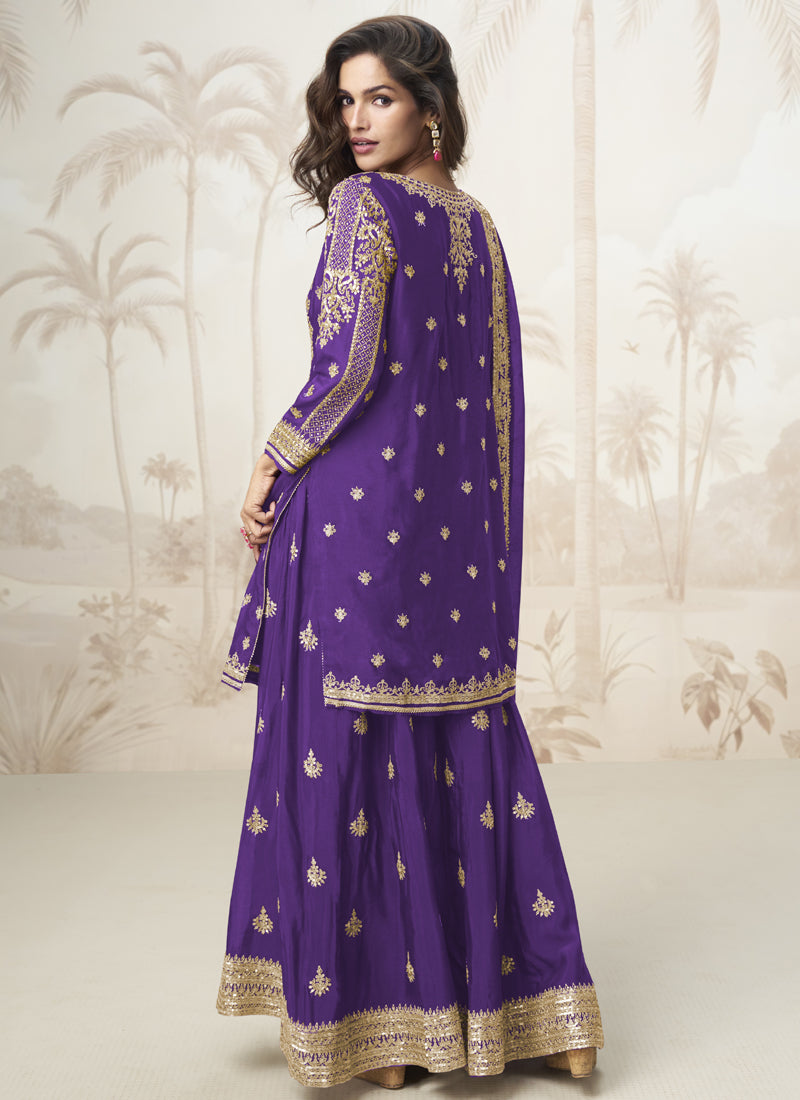 Vegaa Fashion Violet Chinon Silk Embroidered Sharara Suit | Grocsy