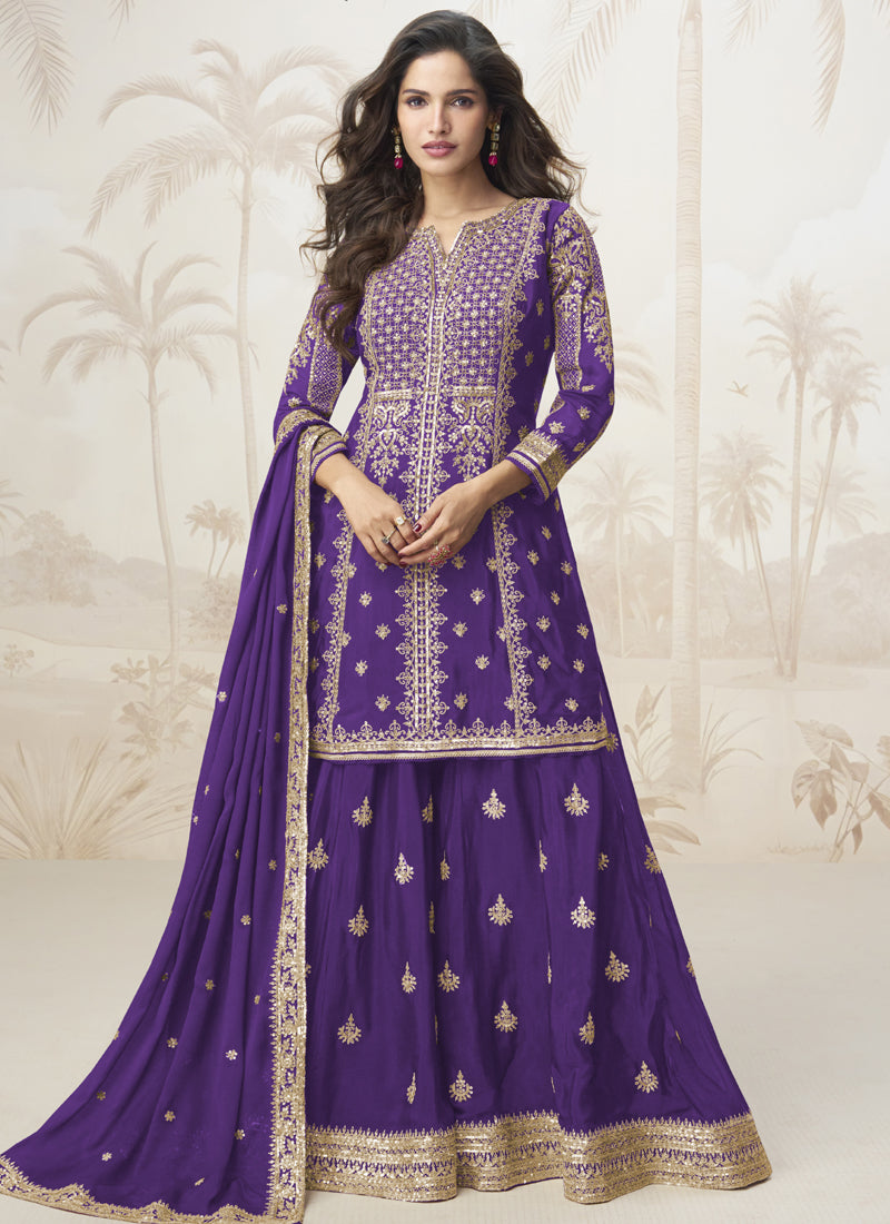 Vegaa Fashion Violet Chinon Silk Embroidered Sharara Suit | Grocsy