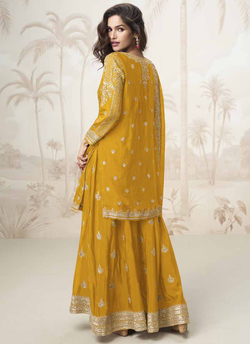 Vegaa Fashion Yellow Chinon Silk Embroidered Sharara Suit | Grocsy
