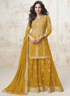 Vegaa Fashion Yellow Chinon Silk Embroidered Sharara Suit | Grocsy