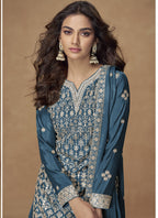 Vegaa Fashion Aqua Blue Chinon Silk Embroidered Sharara Suit | Grocsy