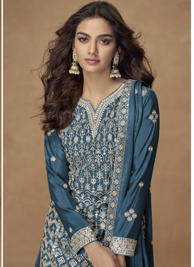 Vegaa Fashion Aqua Blue Chinon Silk Embroidered Sharara Suit | Grocsy