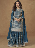 Vegaa Fashion Aqua Blue Chinon Silk Embroidered Sharara Suit | Grocsy