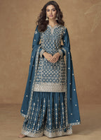 Vegaa Fashion Aqua Blue Chinon Silk Embroidered Sharara Suit | Grocsy
